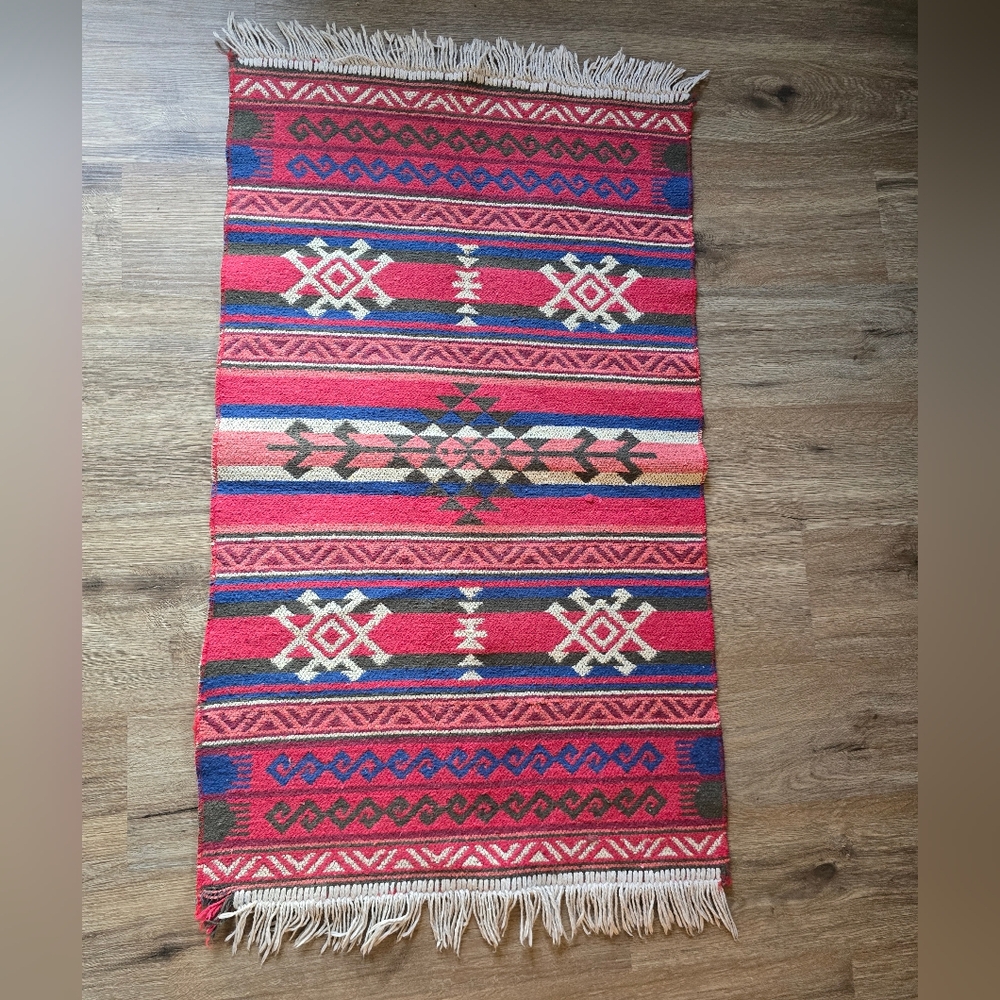 Kilim Vintage Handwoven Red and Blue Geometric Rug